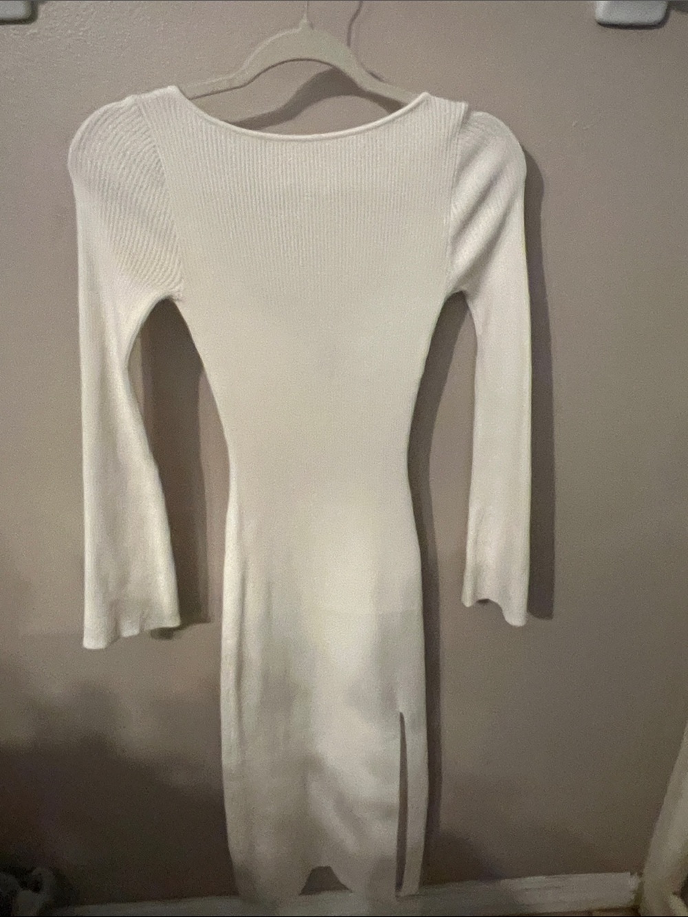 Divided H&M White Long-Sleeve Ribbed Bodycon Dress with Front Slit